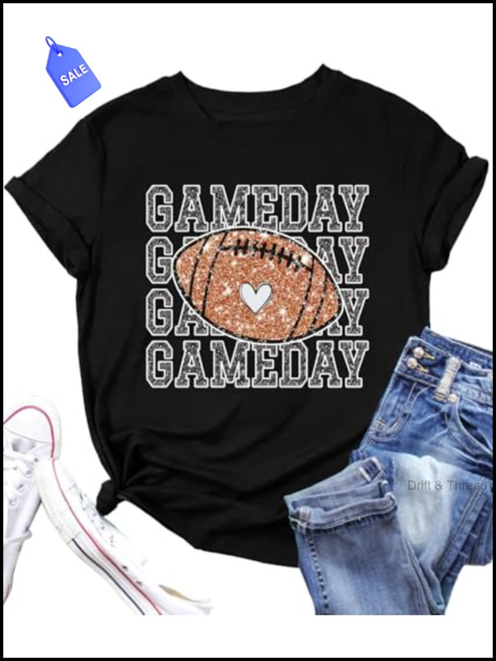 Game Day Football Shirt Women Glitter Graphic Tee Short Sleeve Crew Neck